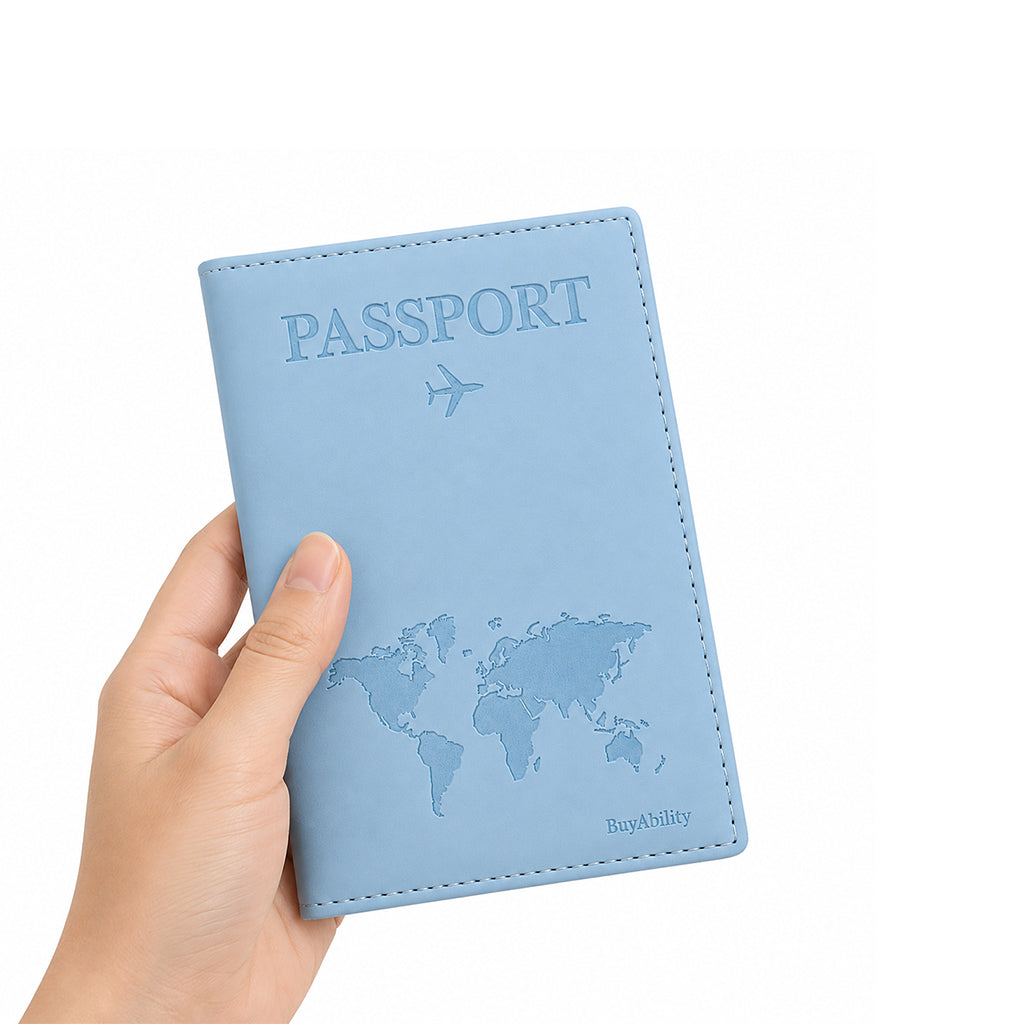 Travel Passport Cover with World Map Design - Light Blue