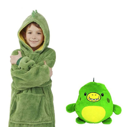 Green Dino - Novelty Fold Up Pillow Fleece Kids Hoodie