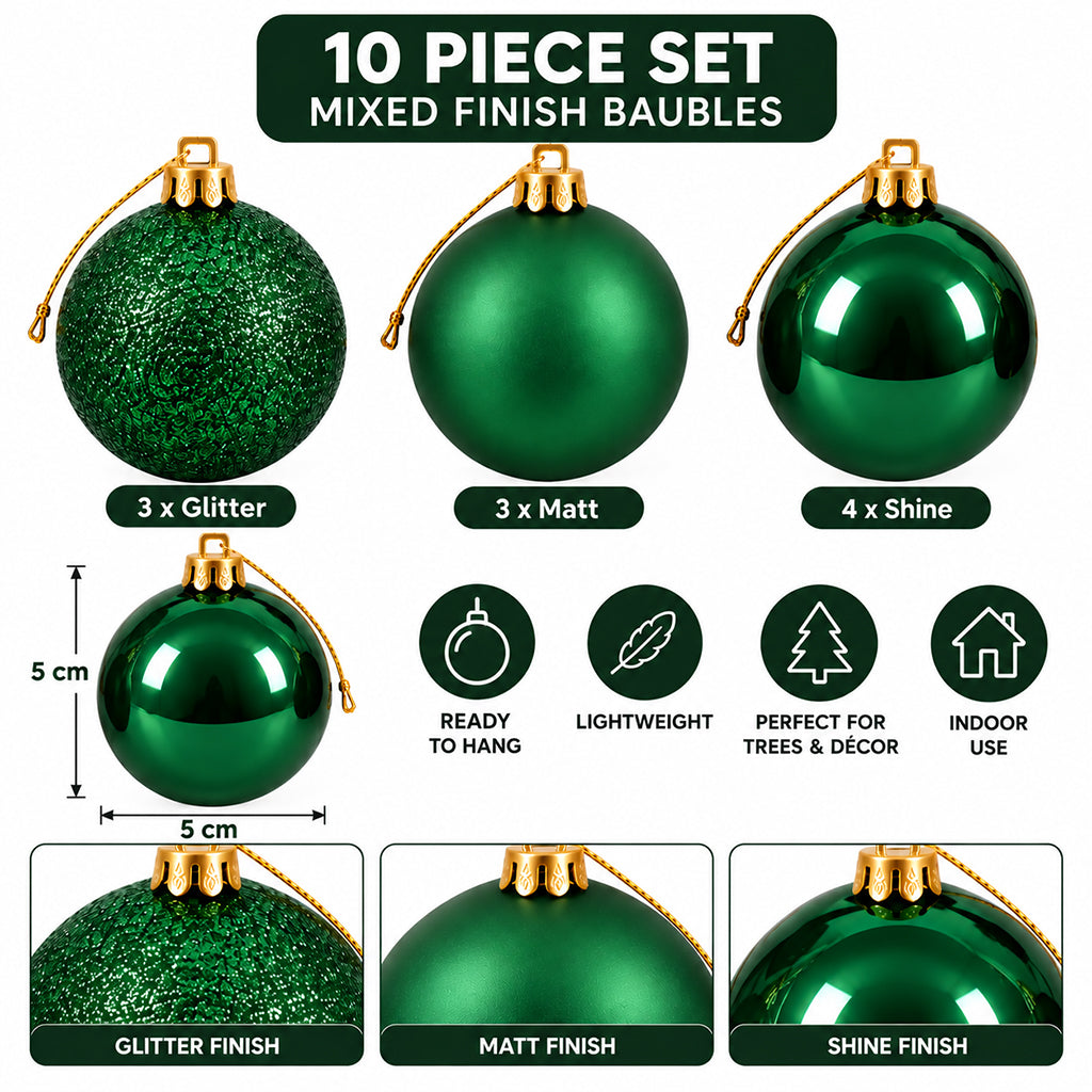 5cm Christmas Baubles - 10 Piece - Green