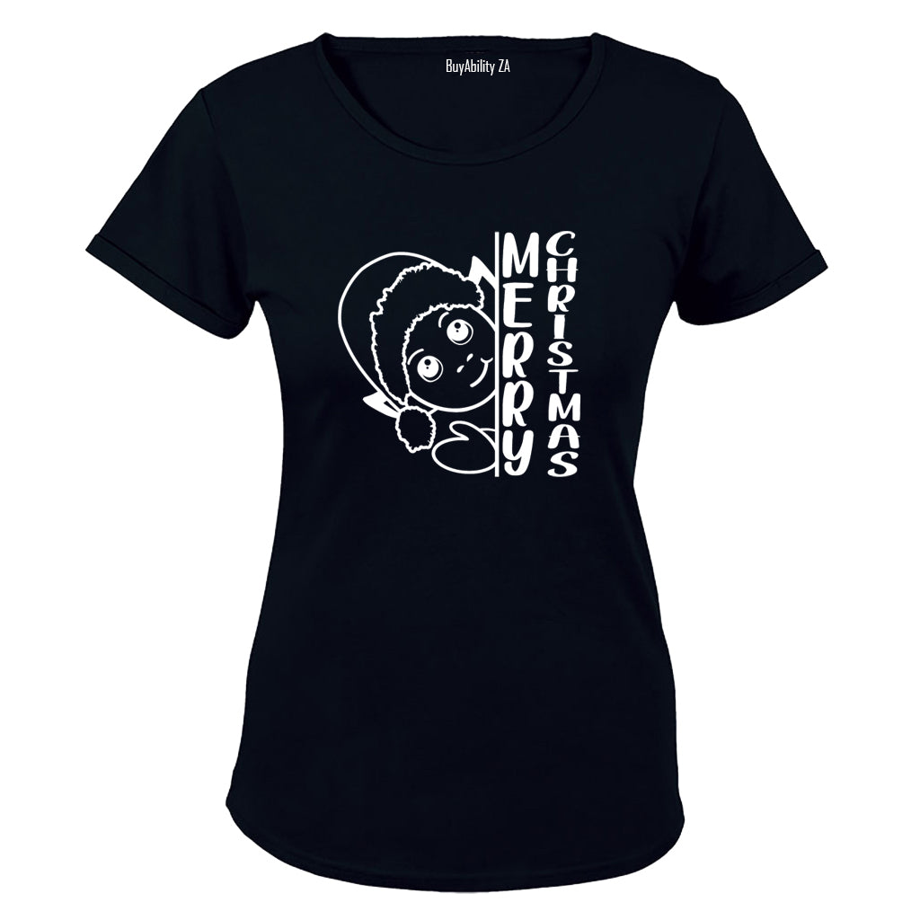 Merry Christmas - Peeking Elf - Ladies - T-Shirt - BuyAbility