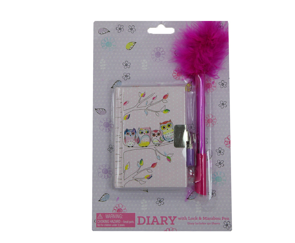 Owls - Mini Diary with Fluffy Marabou Pen