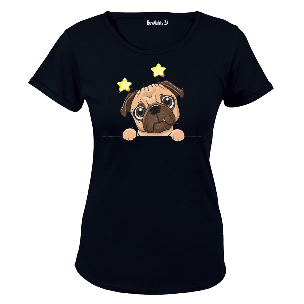 Peeking Pug, Stars - Ladies - T-Shirt - BuyAbility
