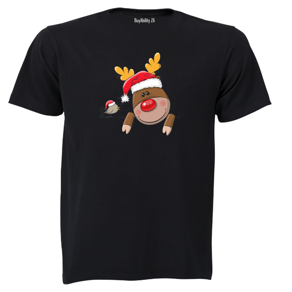 Peeking Christmas Reindeer & Bird - Kids T-Shirt - BuyAbility