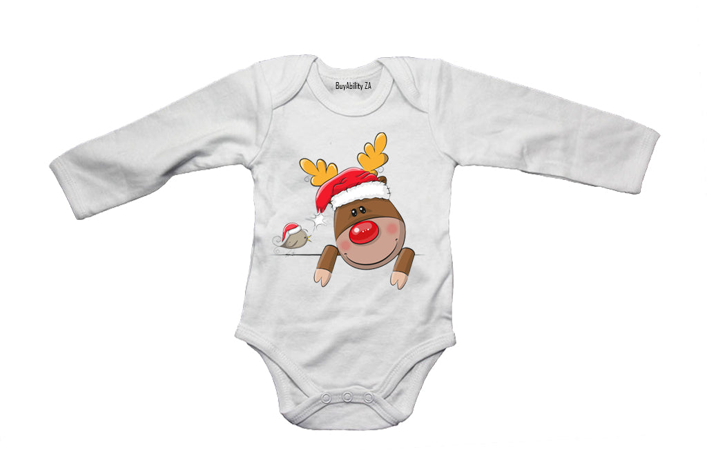 Peeking Christmas Reindeer & Bird - Baby Grow
