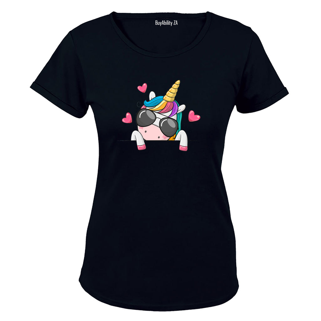 Sunglasses Peeking Unicorn - Ladies - T-Shirt