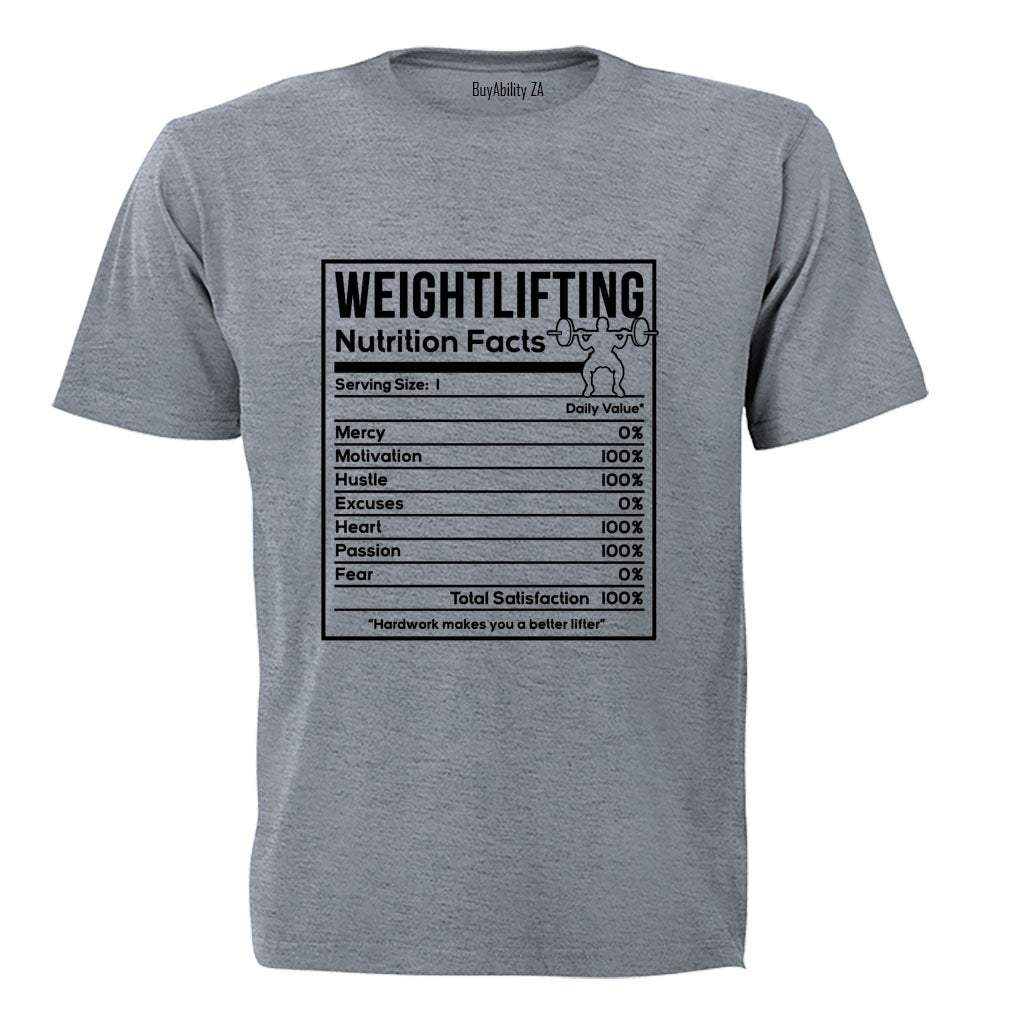 Weightlifting - Nutrition Facts - Adults - T-Shirt - BuyAbility South Africa