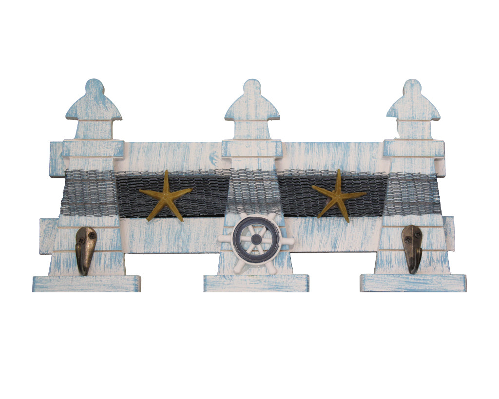 Nautical Wooden Key Hook Display - Wheel and Starfish - BuyAbility