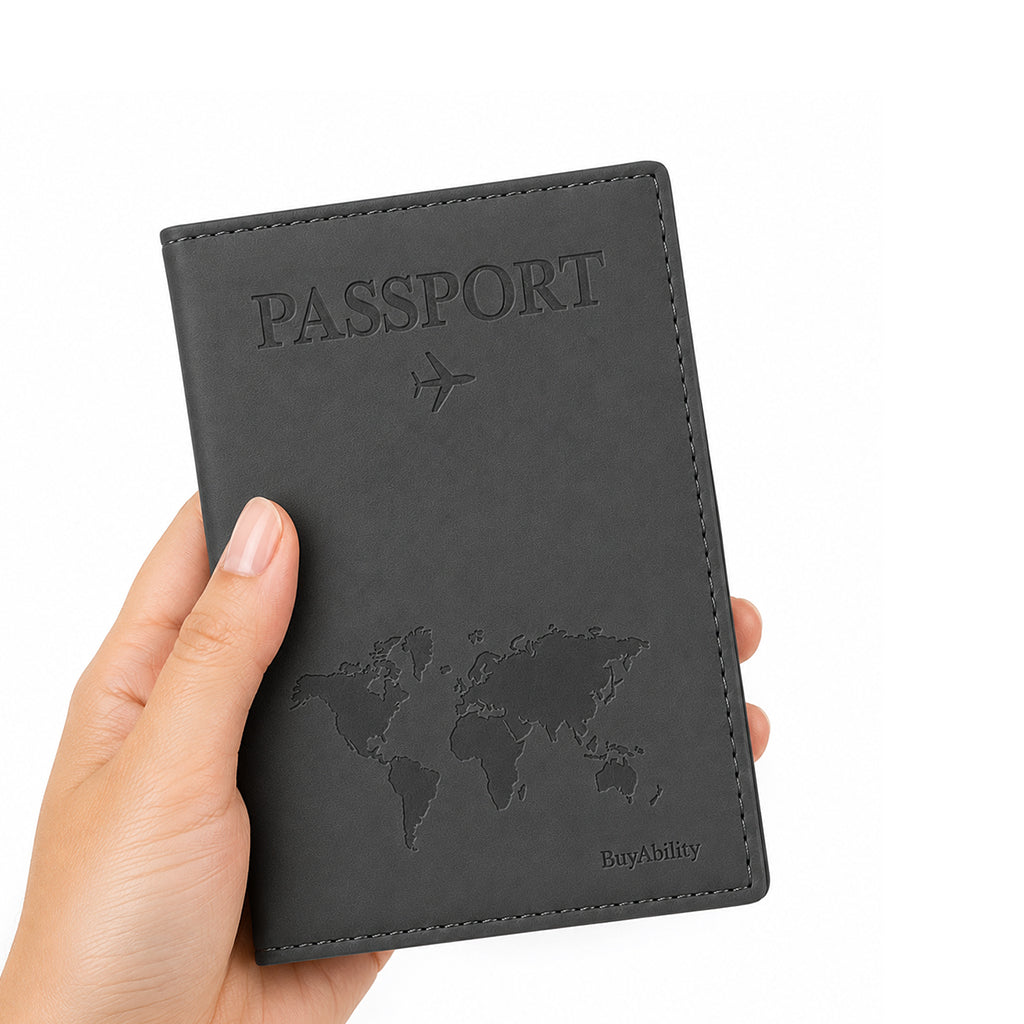 Travel Passport Cover with World Map Design - Dark Grey