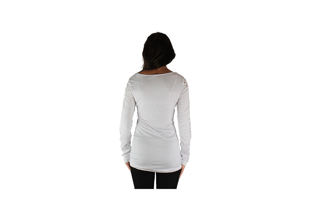 White Long Sleeve Top With Lace Sleeves & Gold Bar - BuyAbility