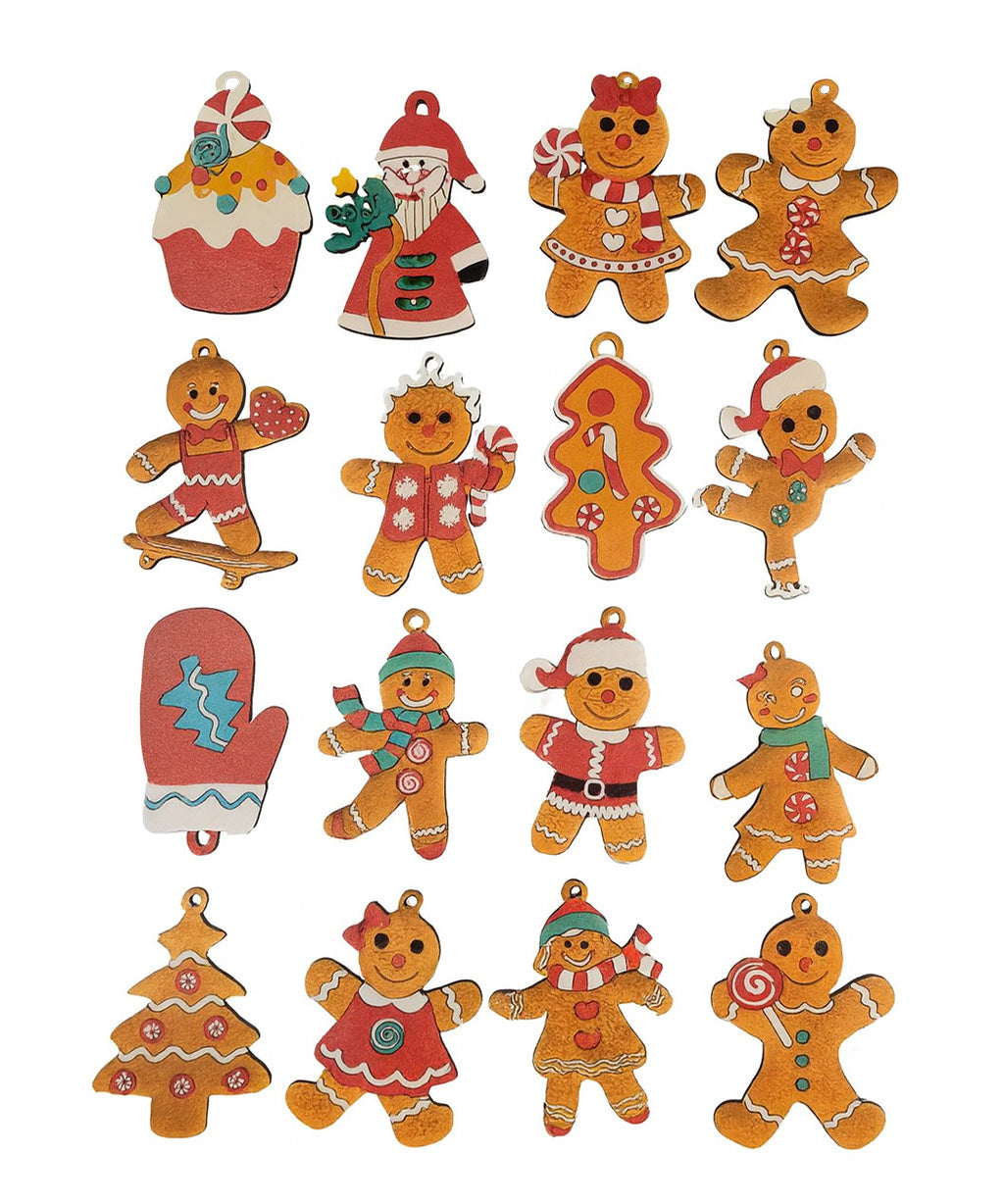 Wooden Gingerbread - Christmas Hanging Ornaments Set 16 Piece