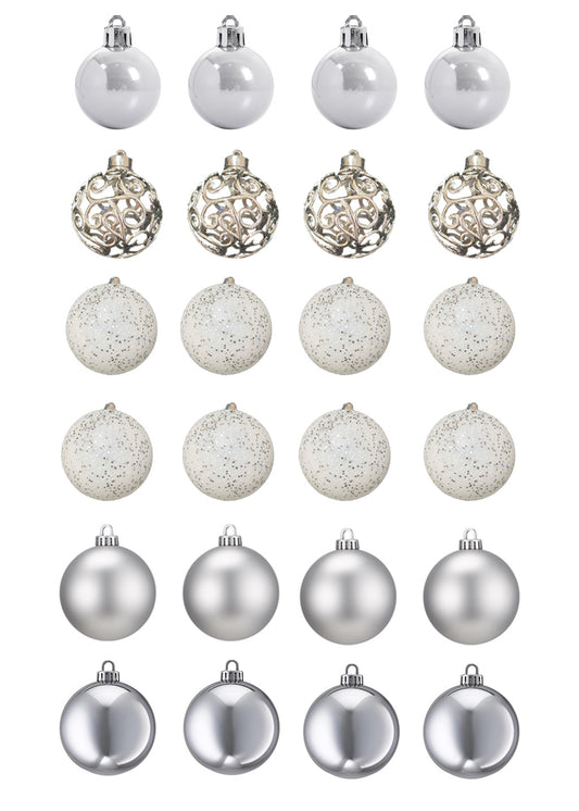 White and Silver Christmas Bauble Set - 24 Baubles