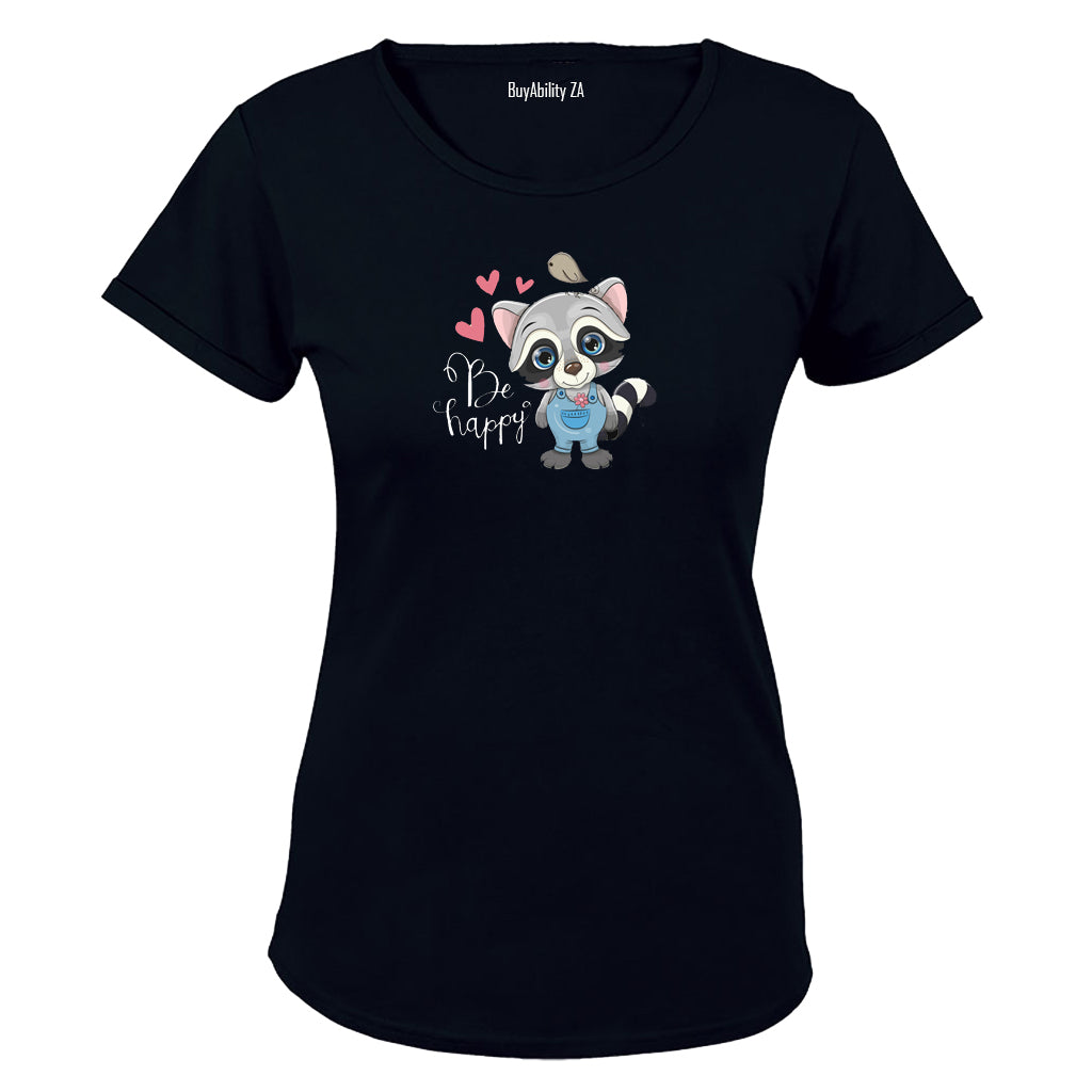 Be Happy Raccoon - Ladies - T-Shirt - BuyAbility