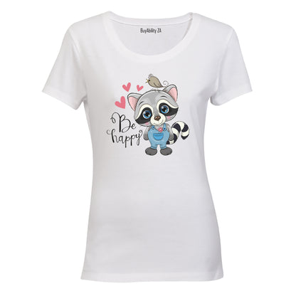 Be Happy Raccoon - Ladies - T-Shirt - BuyAbility