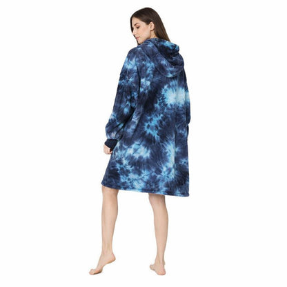 Over-sized Tie Die Blue Fleece Hoodie - One Size