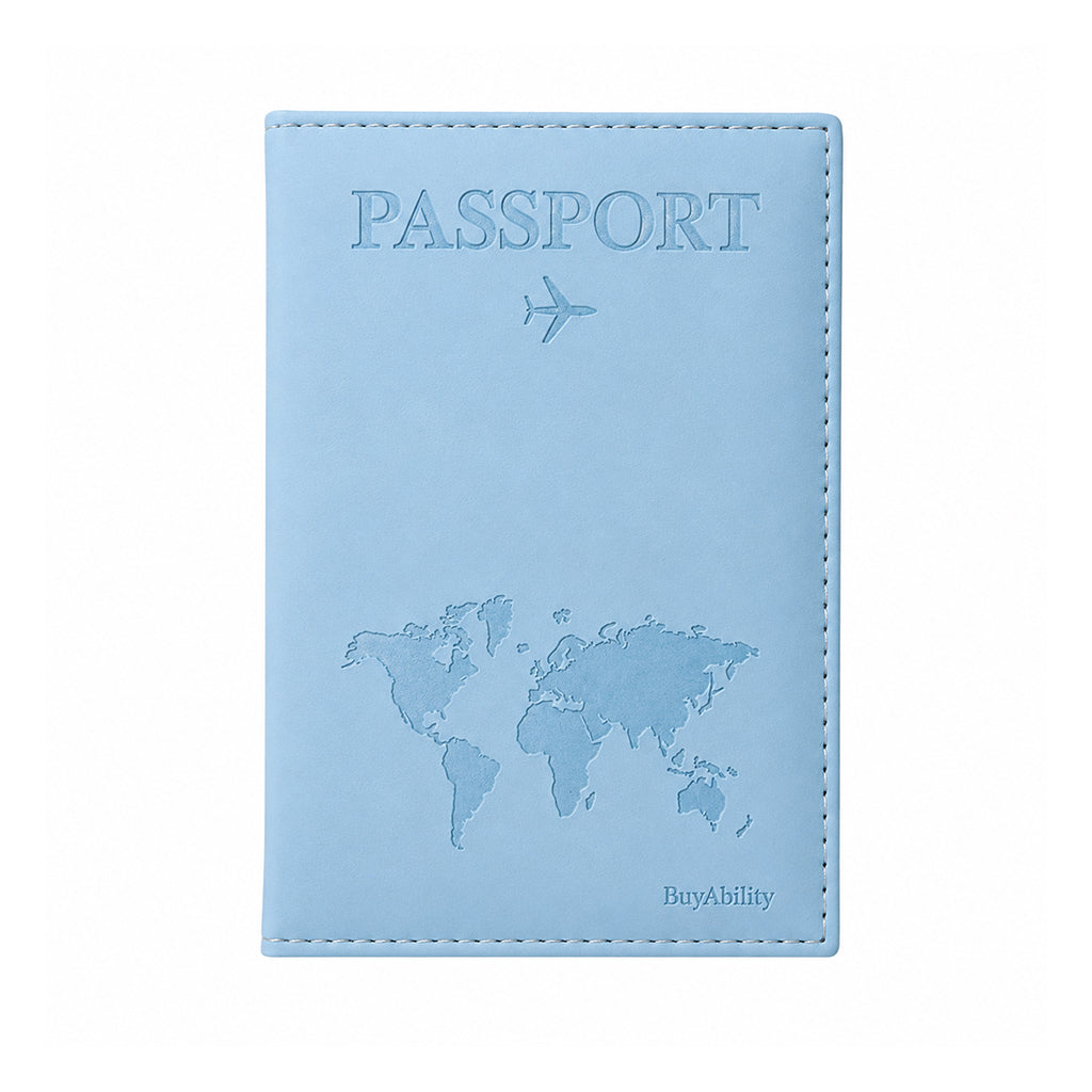Travel Passport Cover with World Map Design - Light Blue