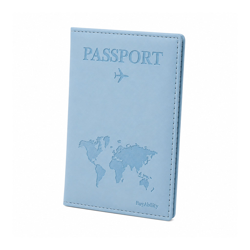 Travel Passport Cover with World Map Design - Light Blue