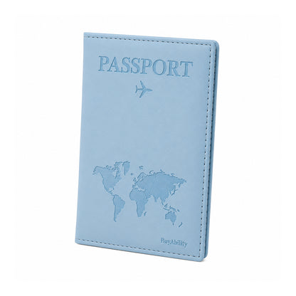 Travel Passport Cover with World Map Design - Light Blue