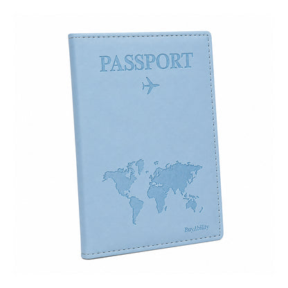 Travel Passport Cover with World Map Design - Light Blue