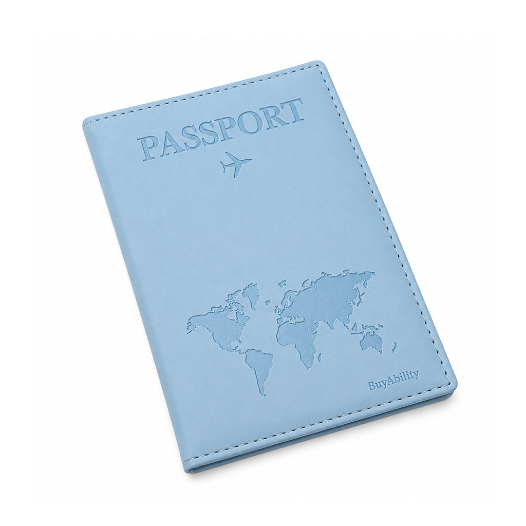 Travel Passport Cover with World Map Design - Light Blue