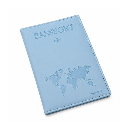 Travel Passport Cover with World Map Design - Light Blue
