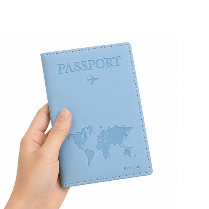 Travel Passport Cover with World Map Design - Light Blue
