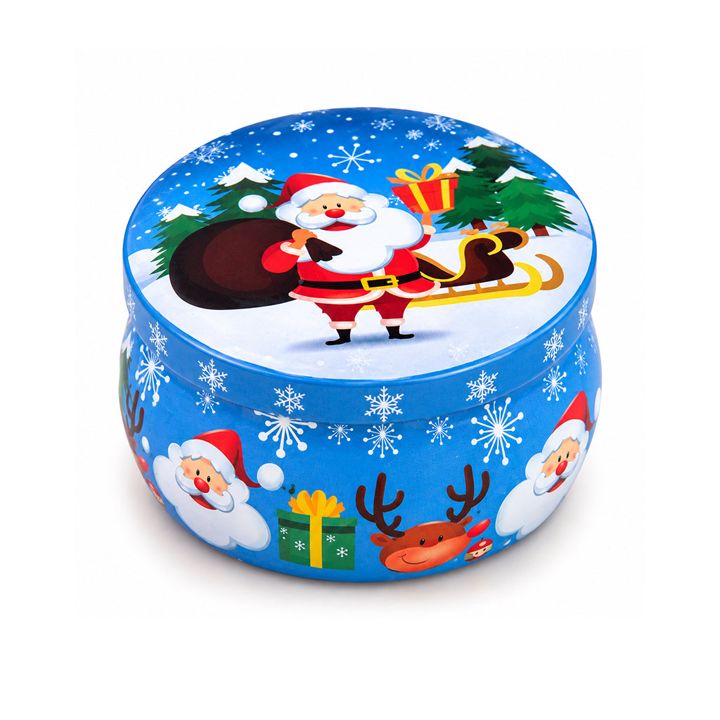 Festive Christmas Candle in Blue Decorative Tin - Santa & Sleigh