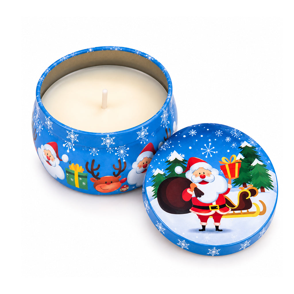 Festive Christmas Candle in Blue Decorative Tin - Santa & Sleigh
