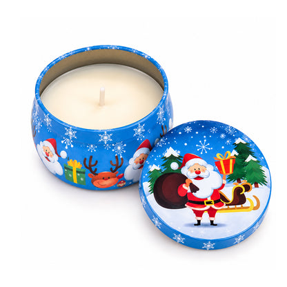 Festive Christmas Candle in Blue Decorative Tin - Santa & Sleigh