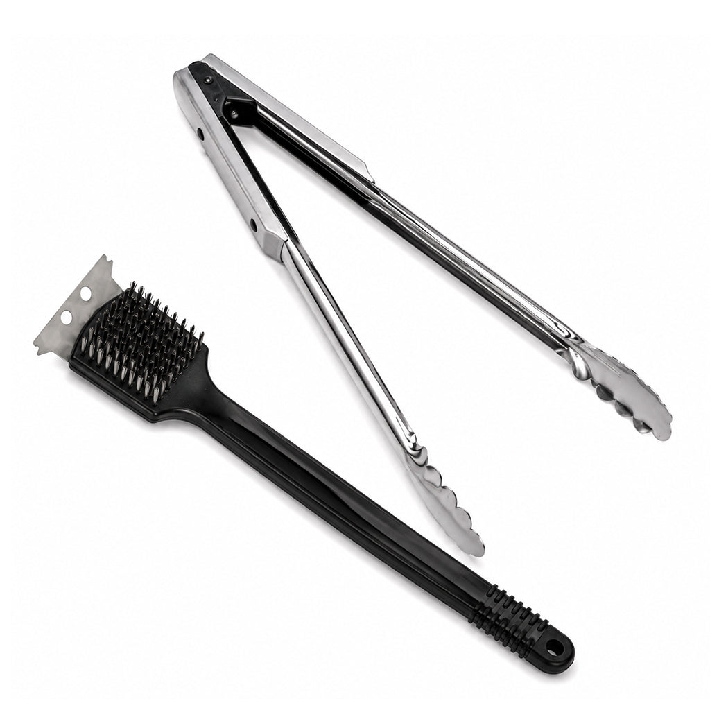 2-Piece Stainless Steel Braai Tool Set - Tongs & Grill Cleaning Brush - BuyAbility