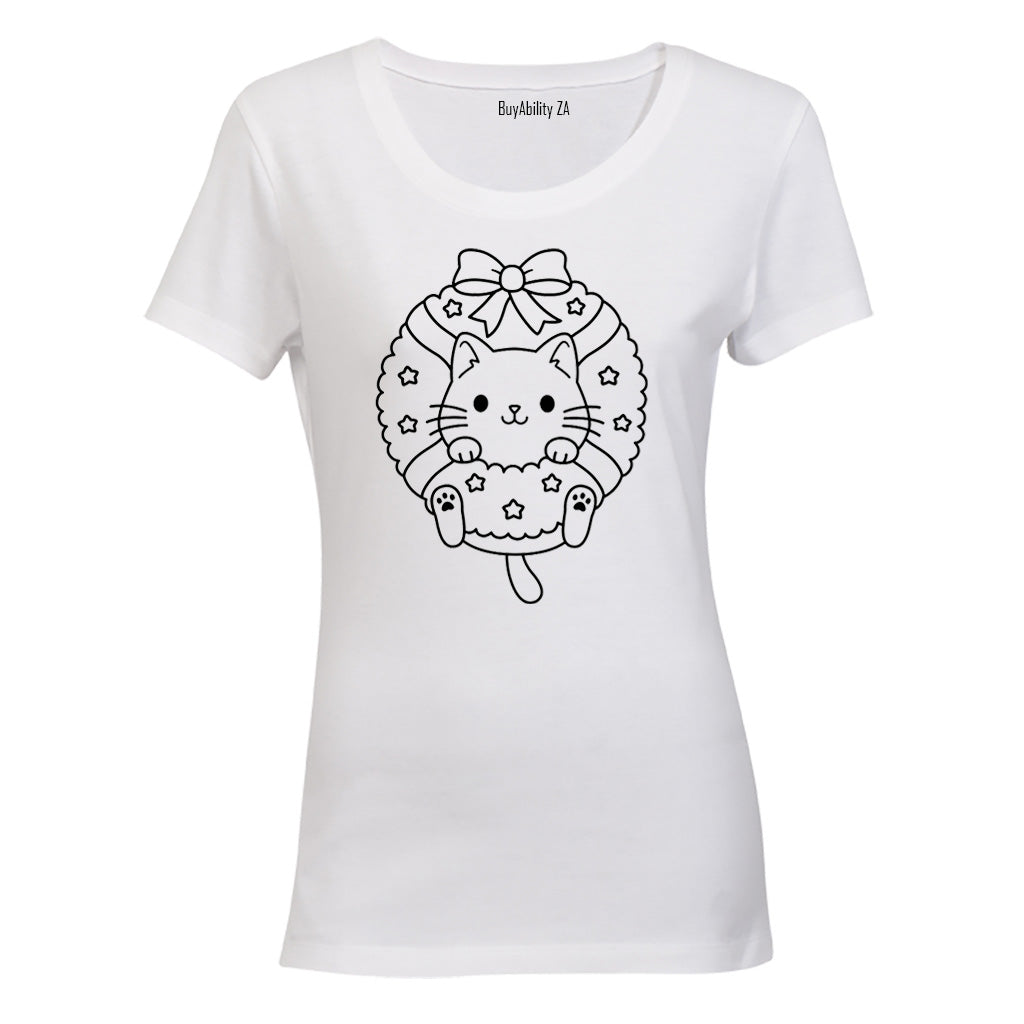 Christmas Kitten Wreath - Ladies - T-Shirt
