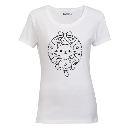 Christmas Kitten Wreath - Ladies - T-Shirt