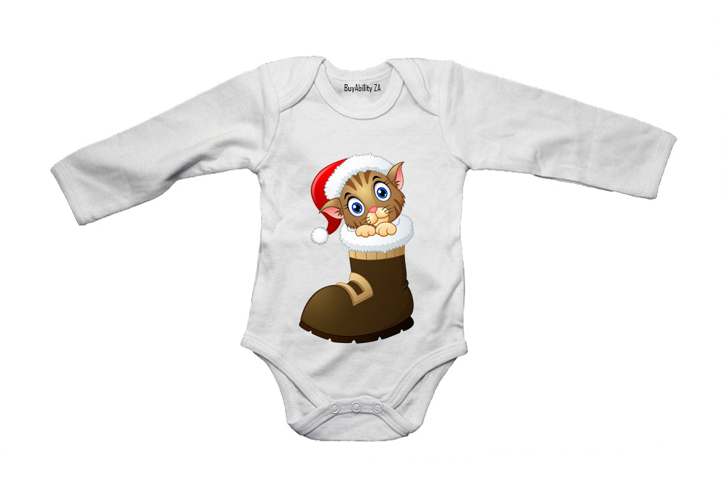 Christmas Kitten in a Boot - Baby Grow