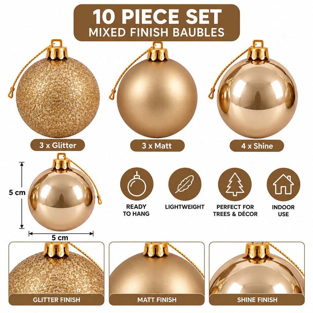 5cm Christmas Baubles - 10 Piece - Gold