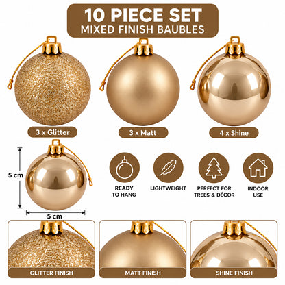 5cm Christmas Baubles - 10 Piece - Gold