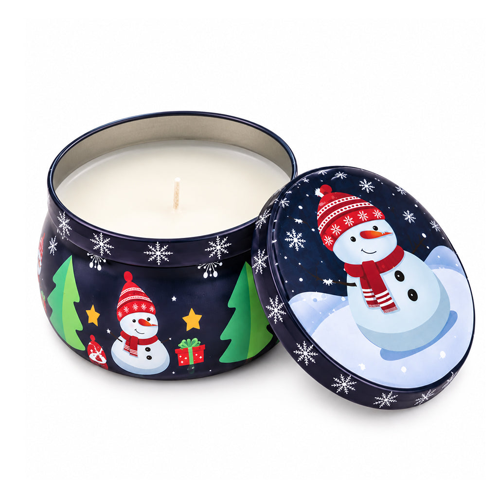 Festive Christmas Snowman Candle in Navy Decorative Tin