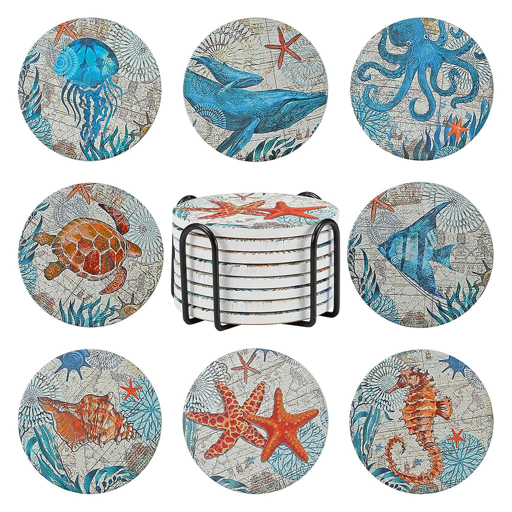 8 Pack - Nautical Wooden Coasters With Holder
