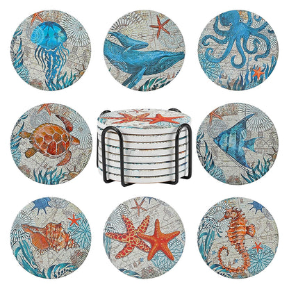 8 Pack - Nautical Wooden Coasters With Holder