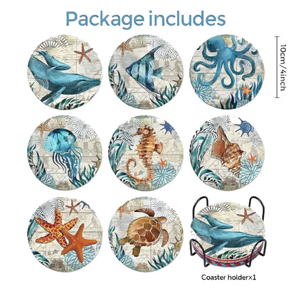 8 Pack - Nautical Wooden Coasters With Holder