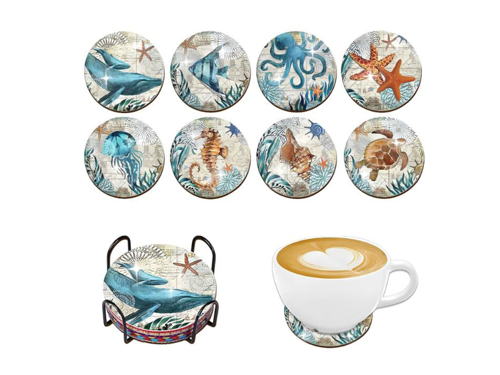 8 Pack - Nautical Wooden Coasters With Holder