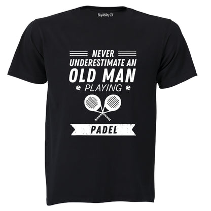 Old Man Playing Padel - Adults - T-Shirt - BuyAbility South Africa