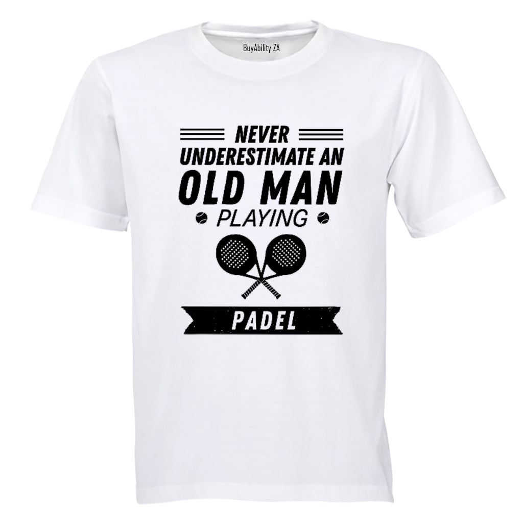 Old Man Playing Padel - Adults - T-Shirt - BuyAbility South Africa