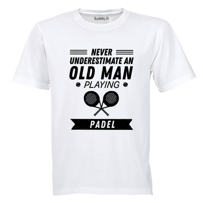 Old Man Playing Padel - Adults - T-Shirt - BuyAbility South Africa