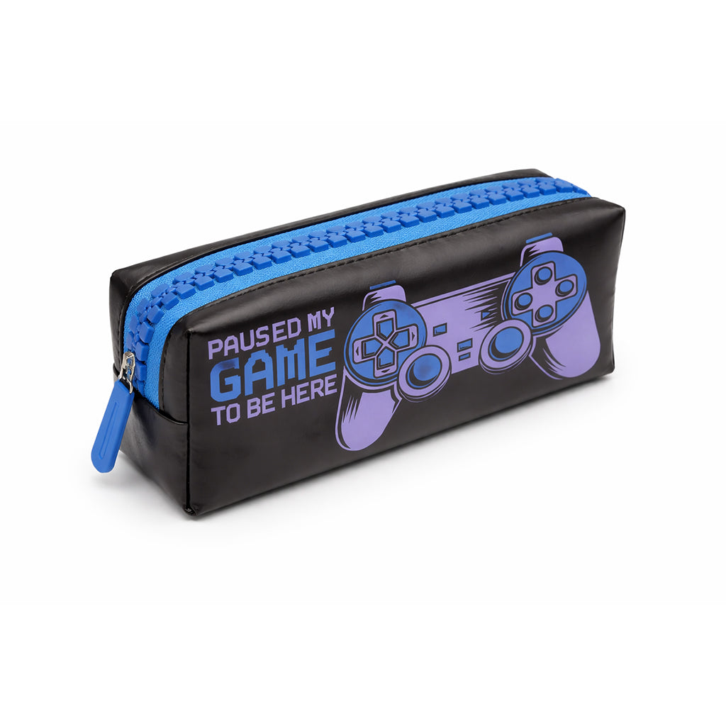 "Paused My Game" Gamer Pencil Case - Large Novelty Blue Zip - BuyAbility