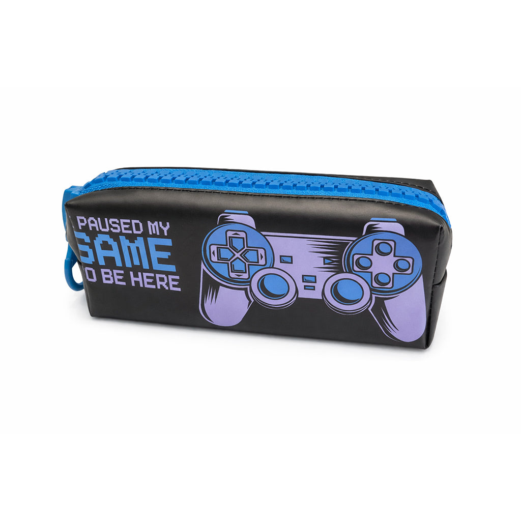 "Paused My Game" Gamer Pencil Case - Large Novelty Blue Zip - BuyAbility