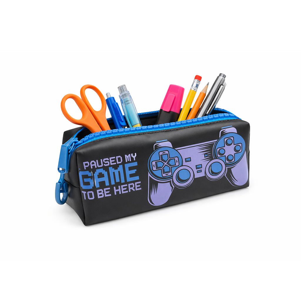 "Paused My Game" Gamer Pencil Case - Large Novelty Blue Zip - BuyAbility