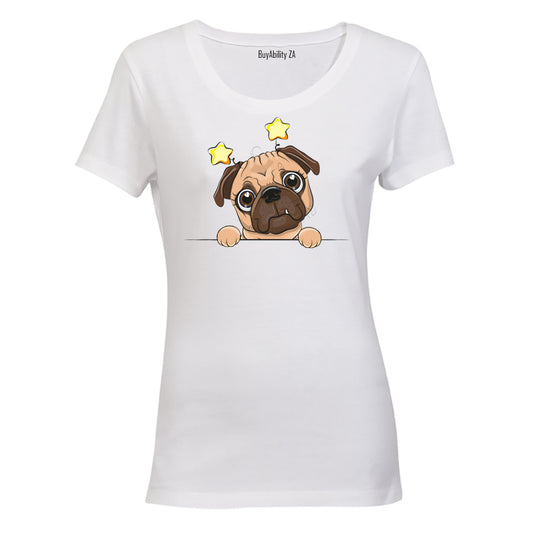 Peeking Pug, Stars - Ladies - T-Shirt - BuyAbility