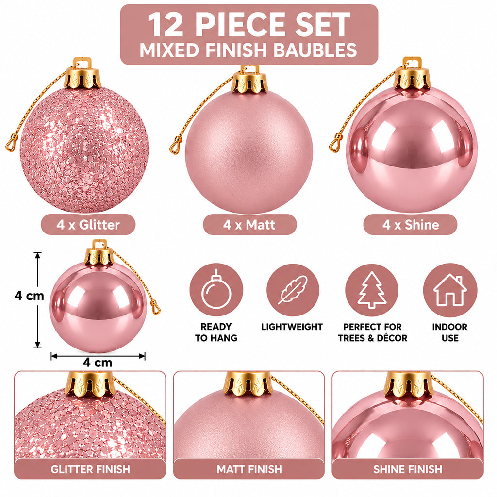 4cm Blush Rose Gold Christmas Baubles - 12 Piece