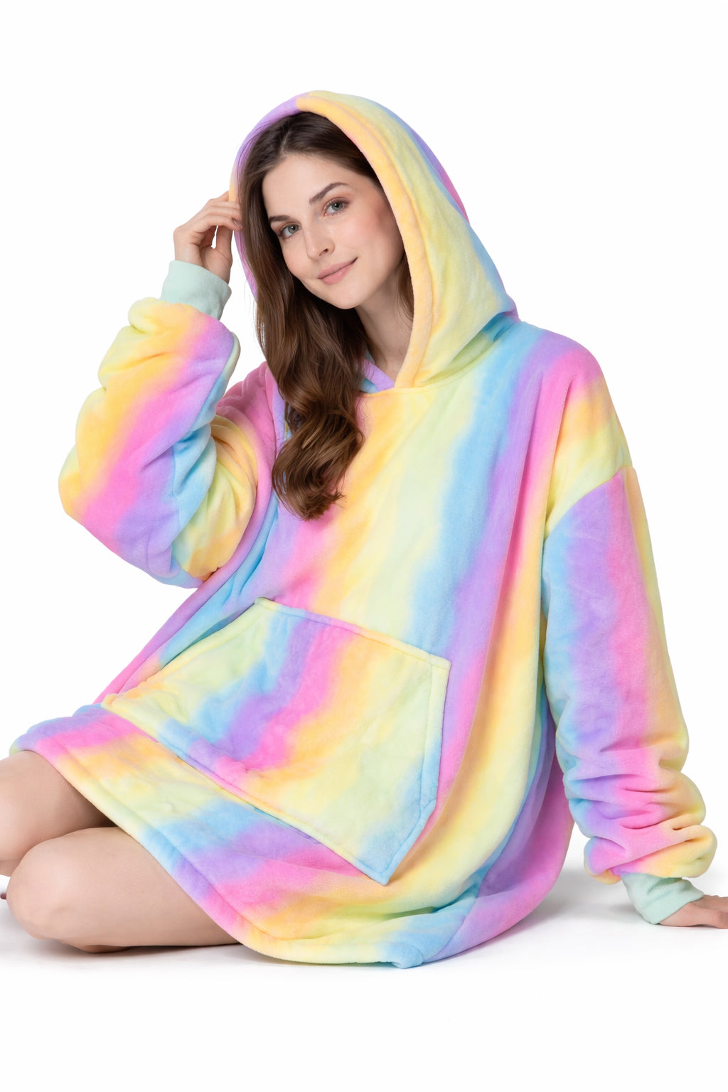 Over-sized Rainbow Fleece Hoodie - One Size - BuyAbility