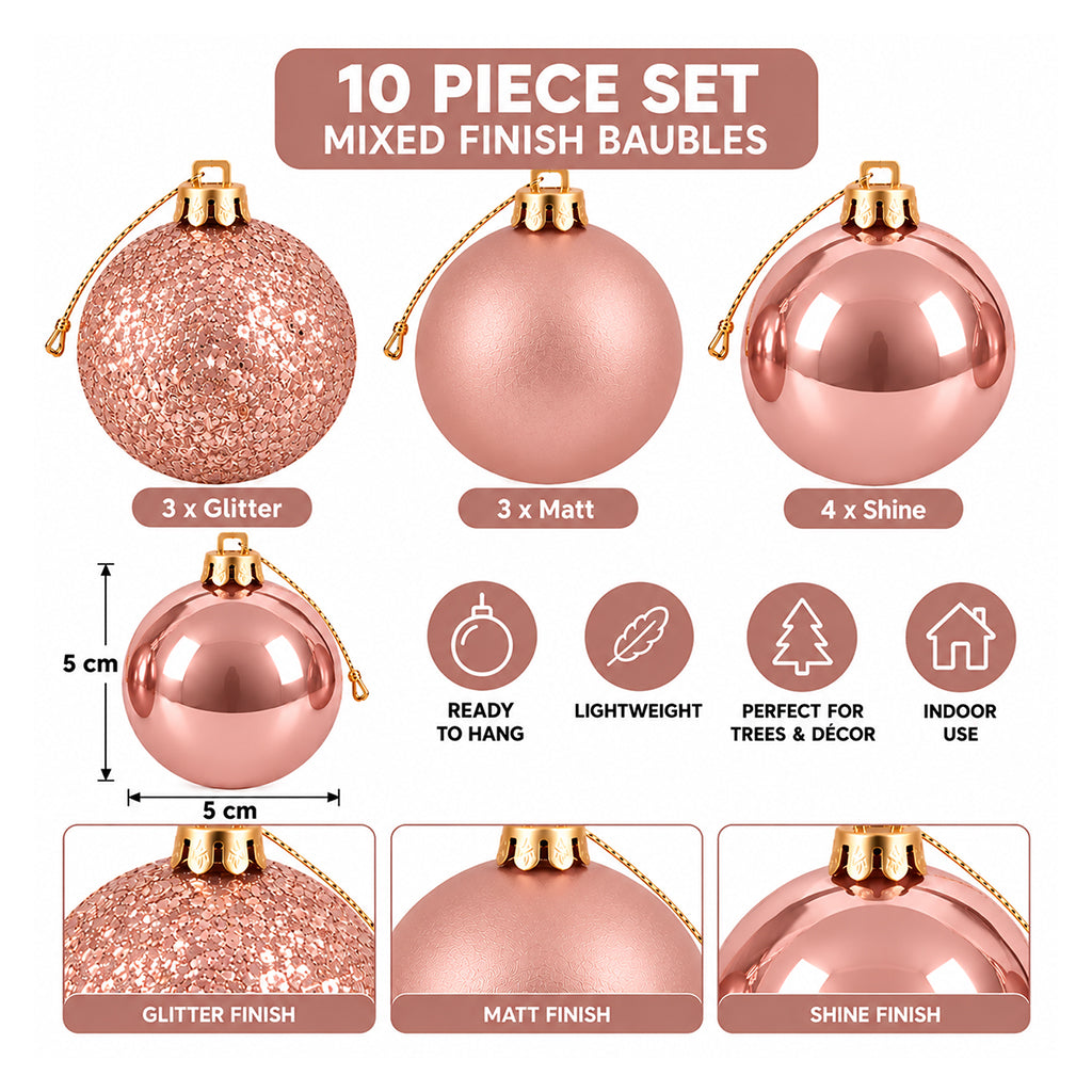 5cm Christmas Baubles - 10 Piece - Rose Gold