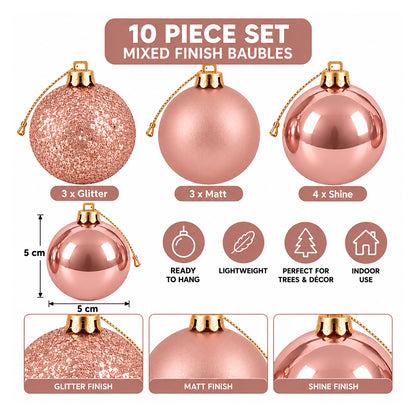 5cm Christmas Baubles - 10 Piece - Rose Gold